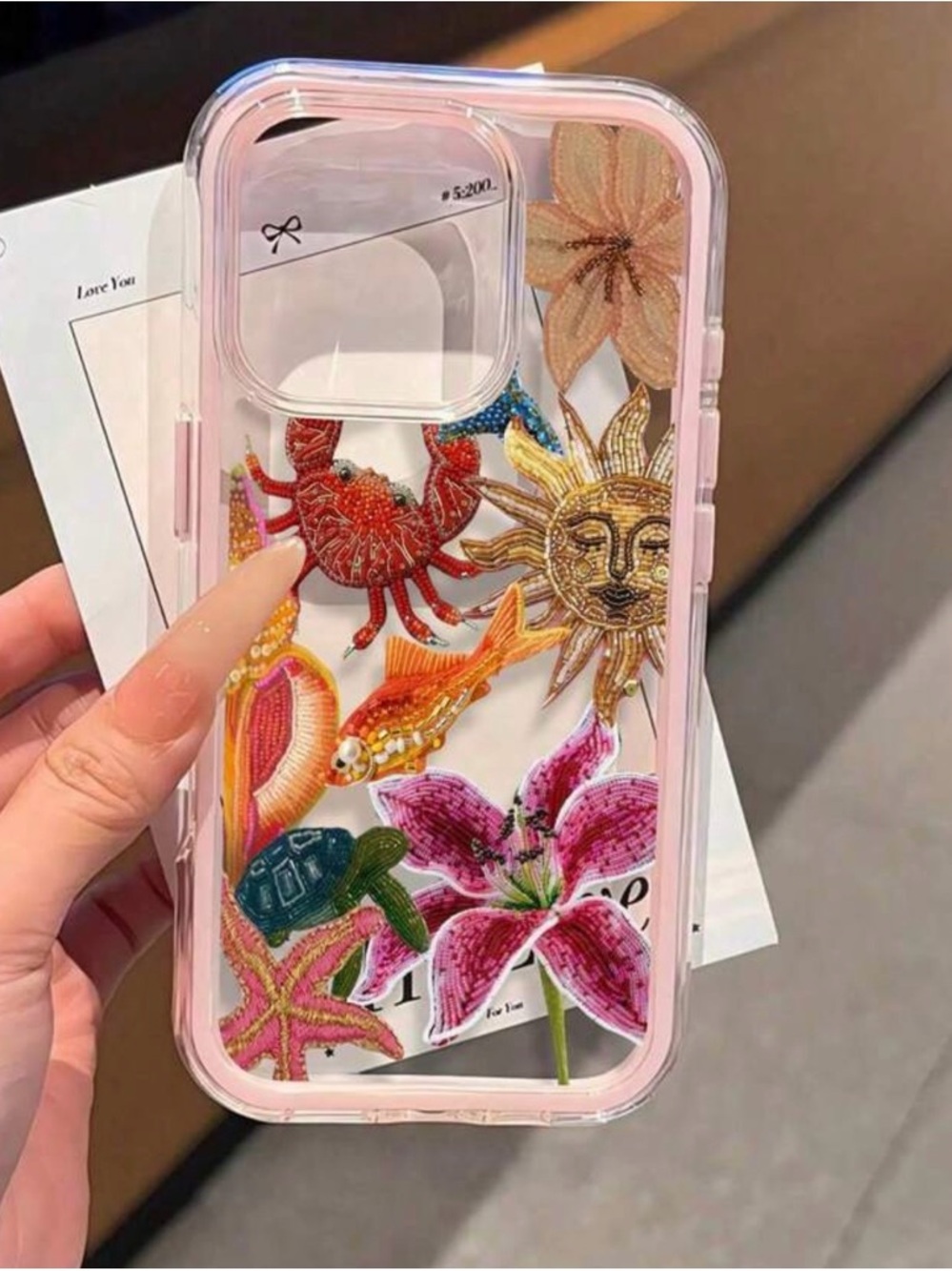 Pink Decorative Clear Phone Case with Floral & Sea Motif.  Summertime vibes